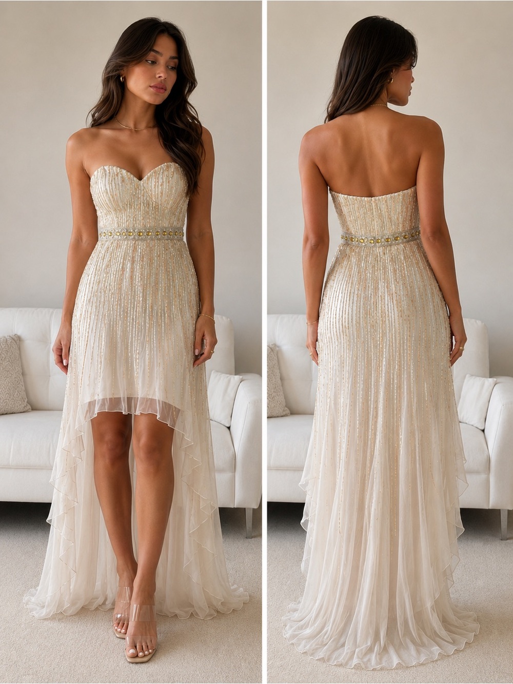 Sherri Hill Gold Beaded High-Low Strapless Gown Size 2